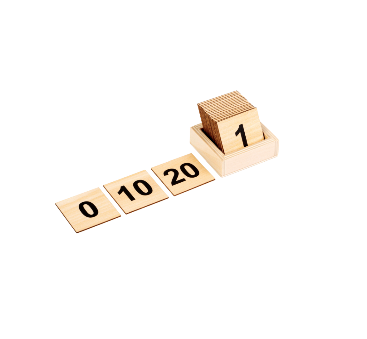 Tarjetas con números: 0–20 / 21 piezas / Secuencia numérica.